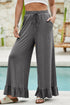 Pull On Elastic High Waist Drawstring Pocket Ruffle Hem Wide Leg Pants